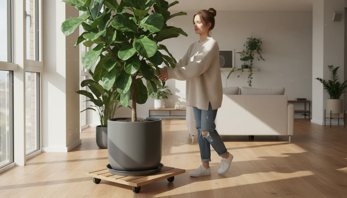 Young woman effortlessly moves a large Ficus lyrata tree on a wheeled caddy with a wide black saucer across a bright apartment floor.