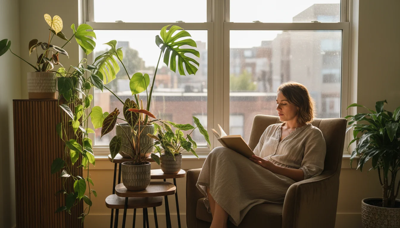 Young woman reading a book in a bright urban apartment corner, surrounded by lush, rare houseplants thriving in decorative containers under diffused w