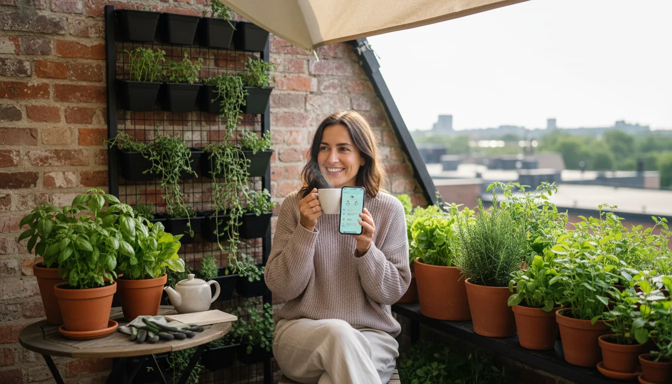 Young woman relaxes on an urban patio, sipping tea amidst lush container plants and a vertical garden, checking a gardening app on her smartphone, a s