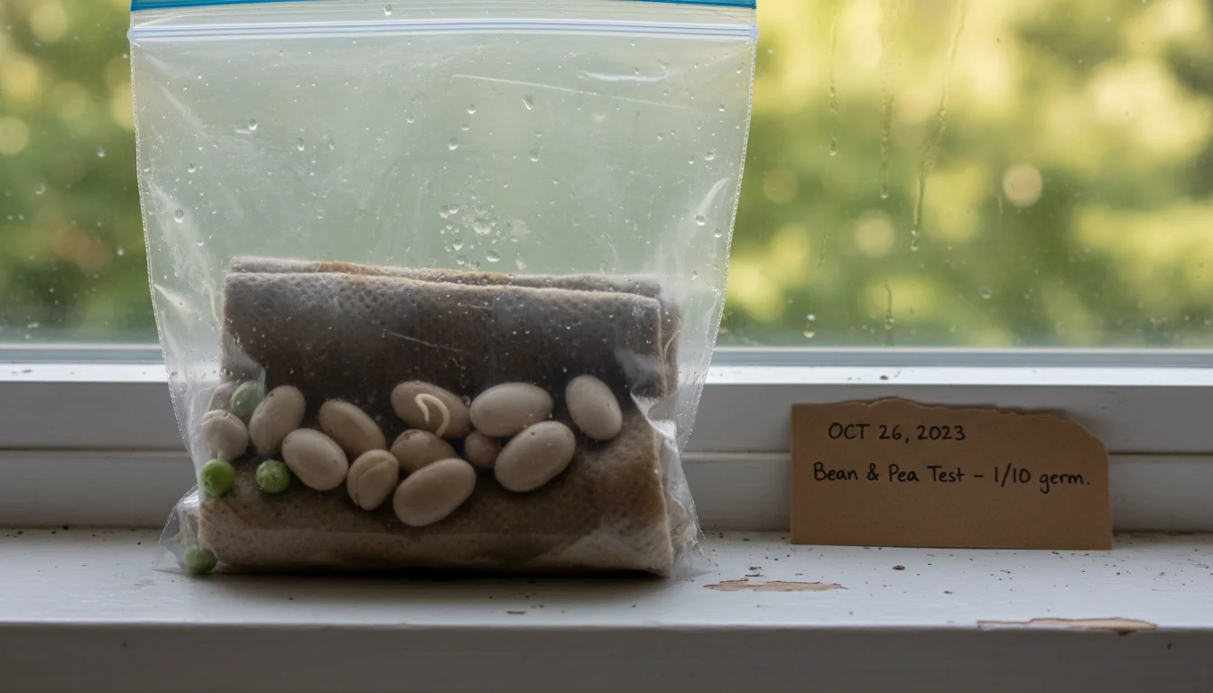 A clear ziplock bag containing a damp paper towel with several unsprouted seeds sits next to an old seed packet on a windowsill.