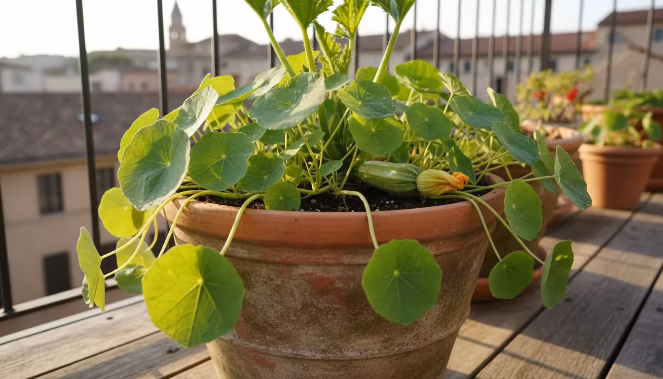 Close-up of a zucchini plant in a large terracotta pot, with nasturtium leaves densely covering the soil and trailing over the edge.