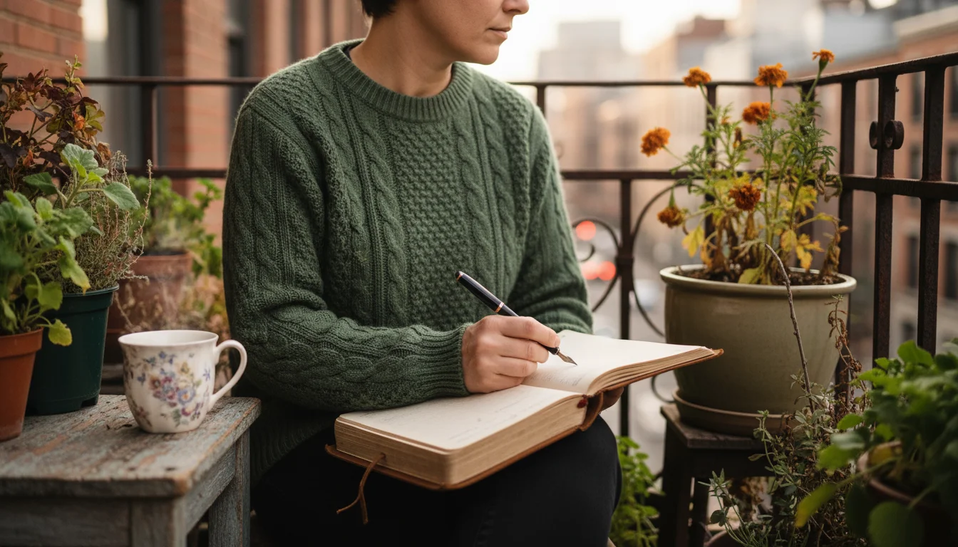 Adult on a balcony writing in a garden journal amidst dormant container plants and empty pots in soft, diffused light.