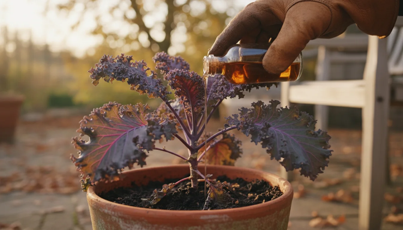 Adult hand in gardening glove pouring diluted liquid fertilizer onto dark soil around a purple kale plant in a terracotta pot.