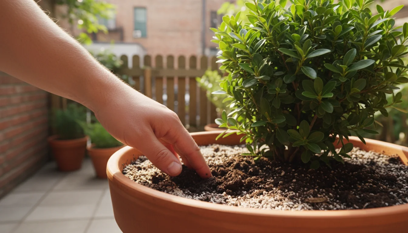 An adult's hand performs a deep finger test, checking soil moisture two inches down in a terracotta pot on a patio.
