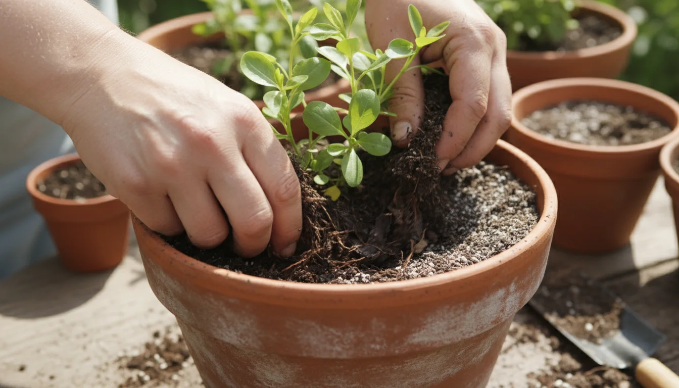 Adult hands, slightly dusty, gently mixing dark, crumbly leaf mold into a terracotta pot containing a small, vibrant green plant on a wooden patio tab
