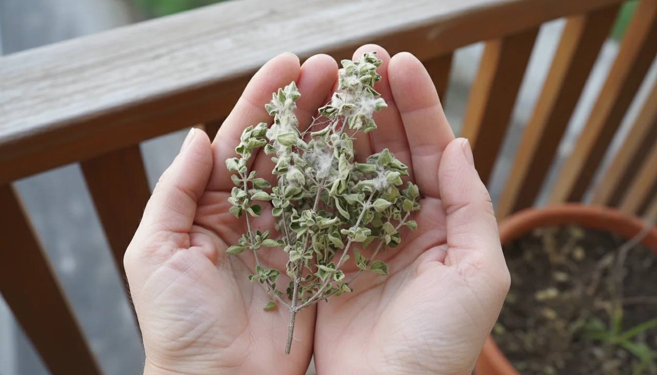 Adult hands gently hold a small bundle of dried oregano with visible white mold, hinting at a preservation mistake on a balcony.