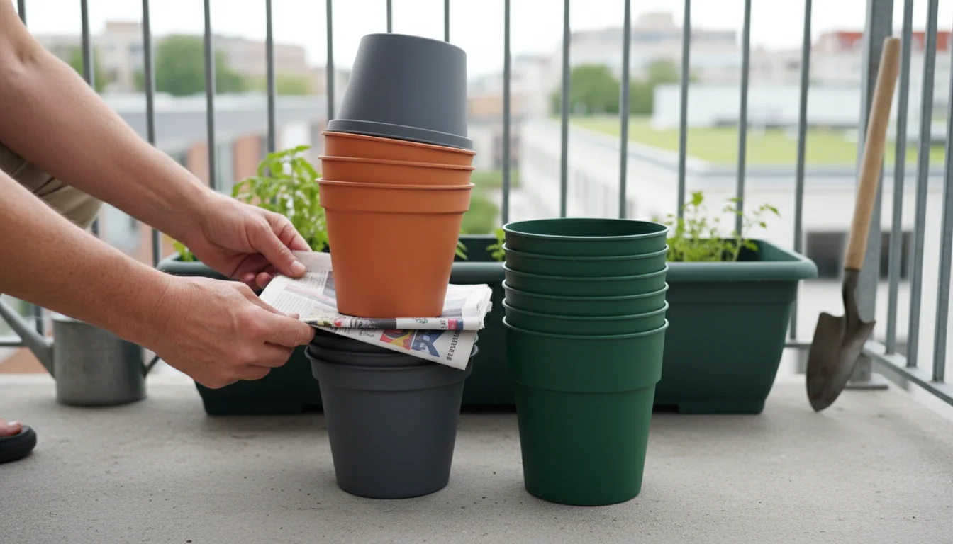 Adult hands placing newspaper between nested clean plastic gardening pots on an urban balcony for winter storage.