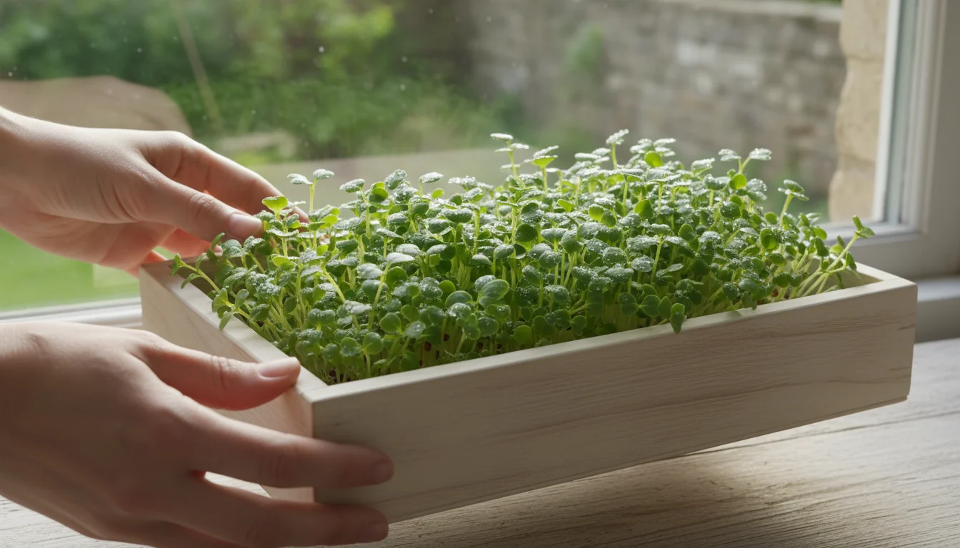 Close-up of an adult's hands gently rotating a small tray of young, vibrant green microgreens on a sunlit windowsill.