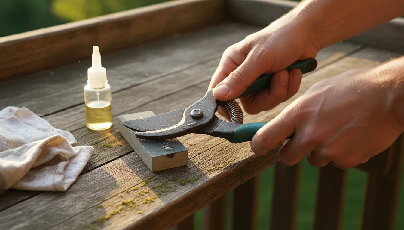 Adult hands sharpening well-used pruners with a stone on a wooden bench, oil and rag nearby, soft late afternoon light.
