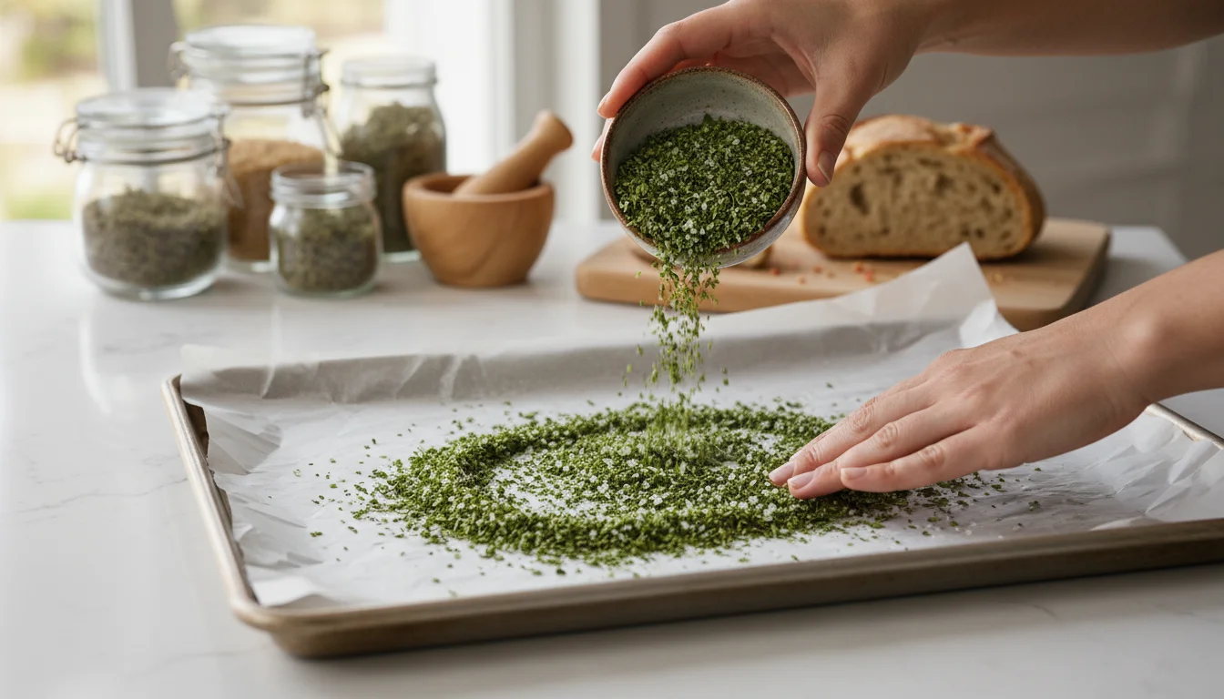 Adult hands spreading vibrant green herb salt from a bowl onto a parchment-lined baking sheet. Potted herbs are visible in the soft background.