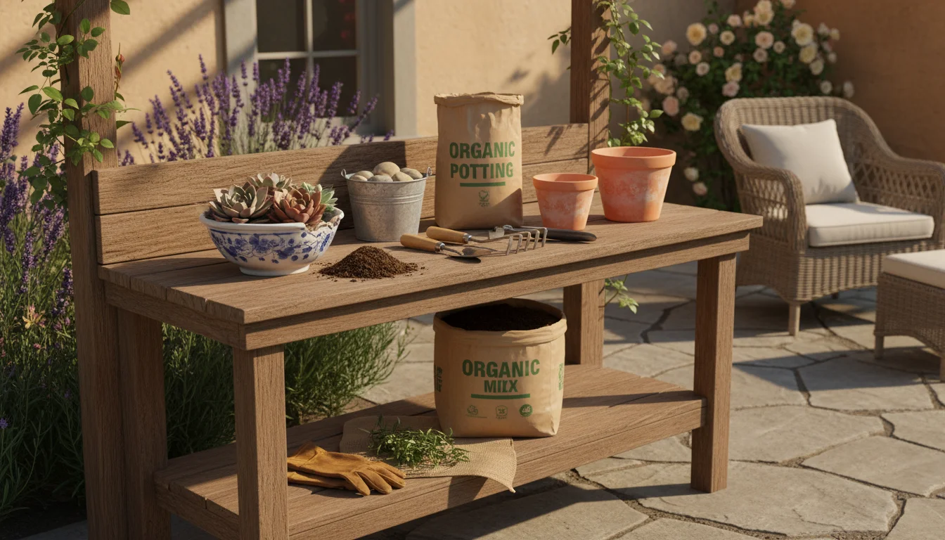 An array of repurposed containers and an open bag of sustainable potting mix on a wooden bench, with small succulents nearby.