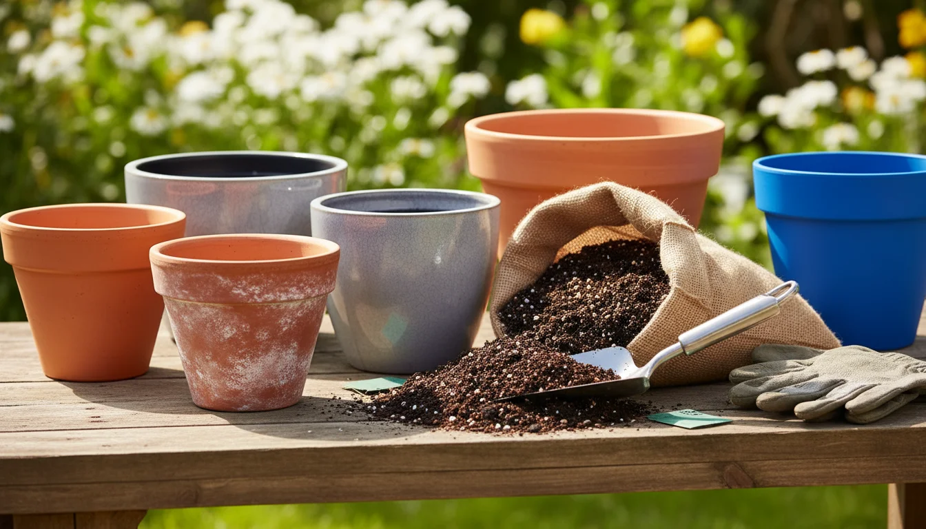 An assortment of empty gardening pots, an open bag of potting mix with a trowel, and gardening gloves on a wooden surface.