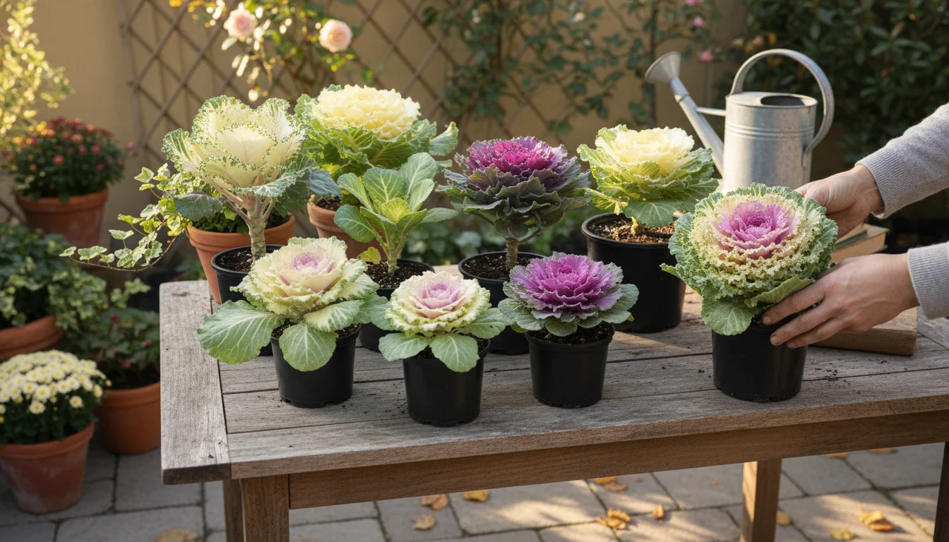 An assortment of ornamental cabbage and kale plants in nursery pots on a patio table, with hands arranging them.