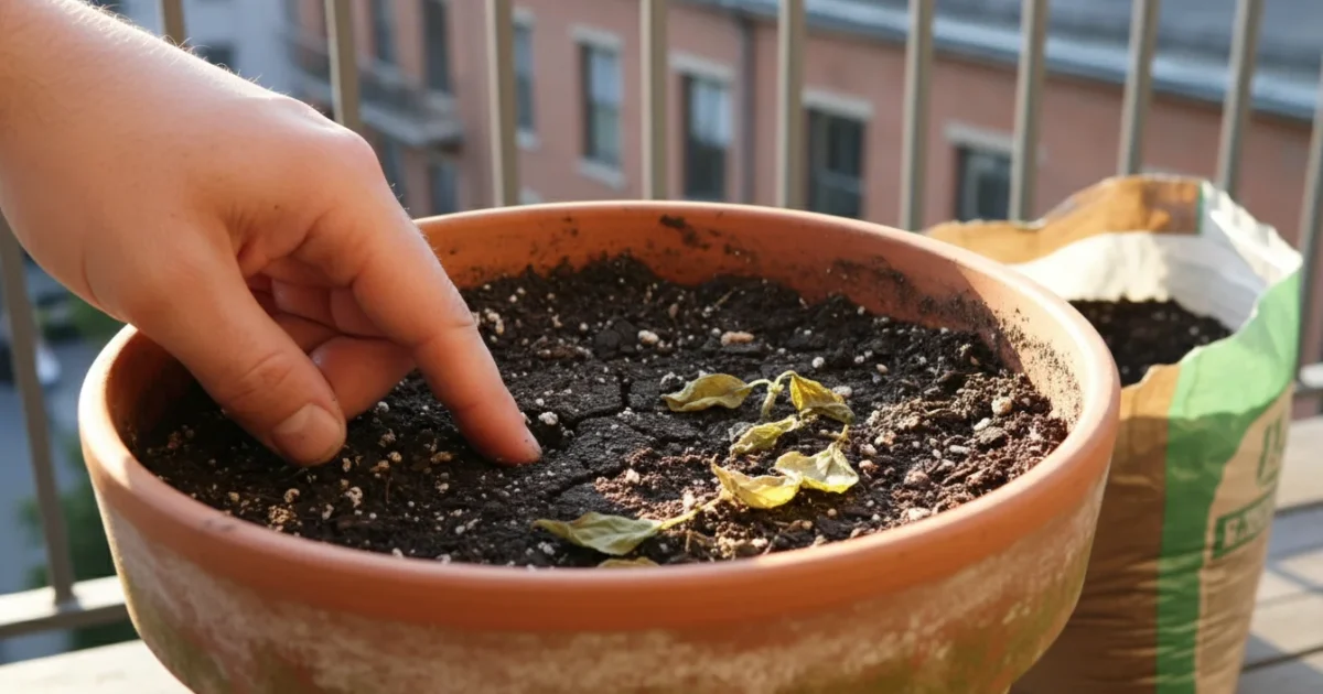 A bare hand pokes into dense, dark, compacted potting mix in a weathered terracotta pot on a balcony, with struggling yellowed basil.