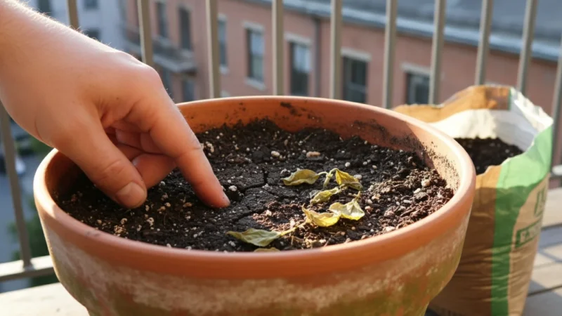 A bare hand pokes into dense, dark, compacted potting mix in a weathered terracotta pot on a balcony, with struggling yellowed basil.