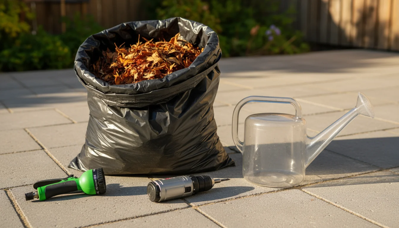 Black contractor bag open on patio pavers, containing shredded leaves, with a garden hose nozzle, cordless drill, and watering can alongside.