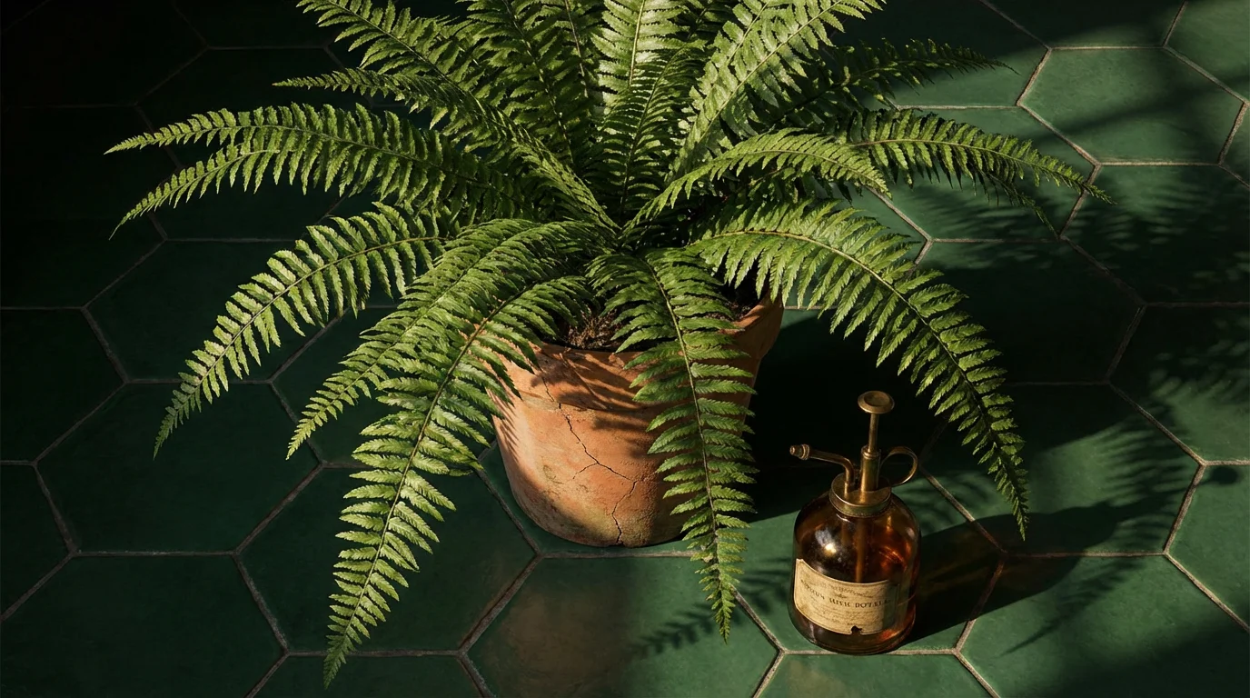 Boston fern flat lay on dark green bathroom tiles with moody afternoon shadows.