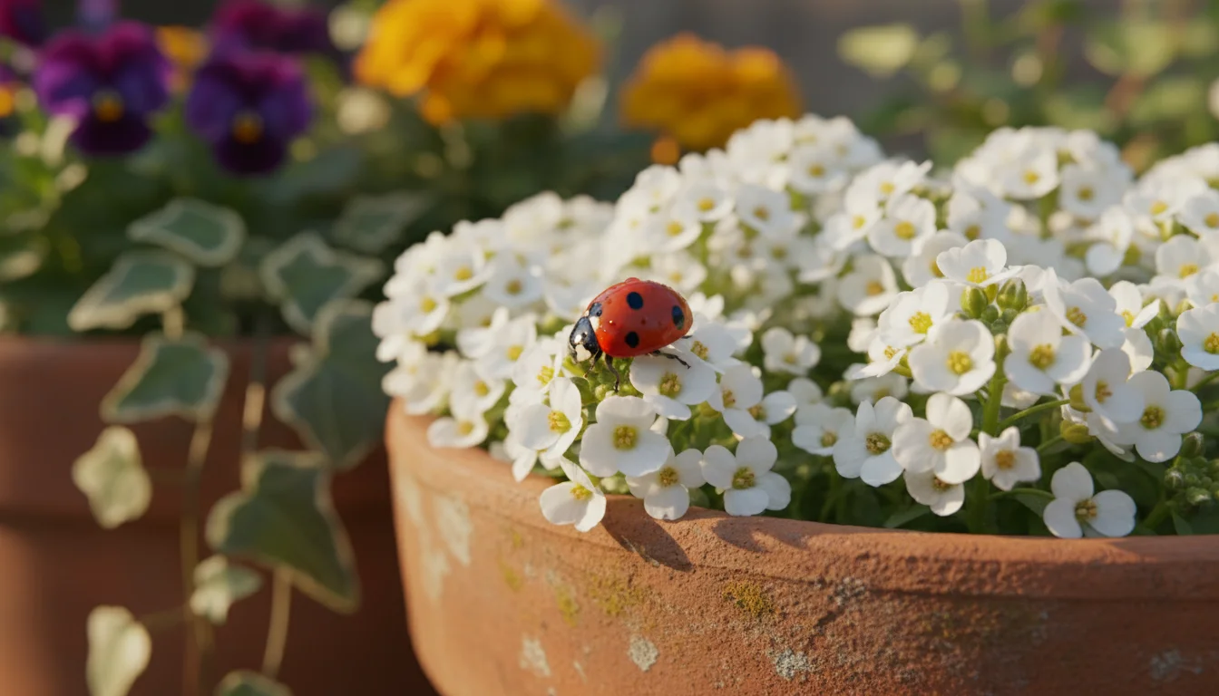 A bright red ladybug explores tiny white sweet alyssum flowers in a terracotta pot on a sunny balcony, with green leaves in the background.