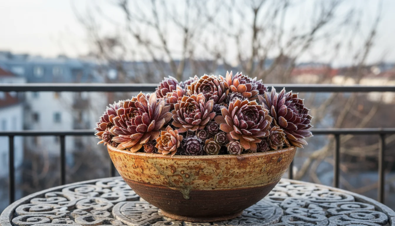 Ceramic bowl of colorful, frost-kissed sempervivums and sedums on a weathered table on an urban balcony.