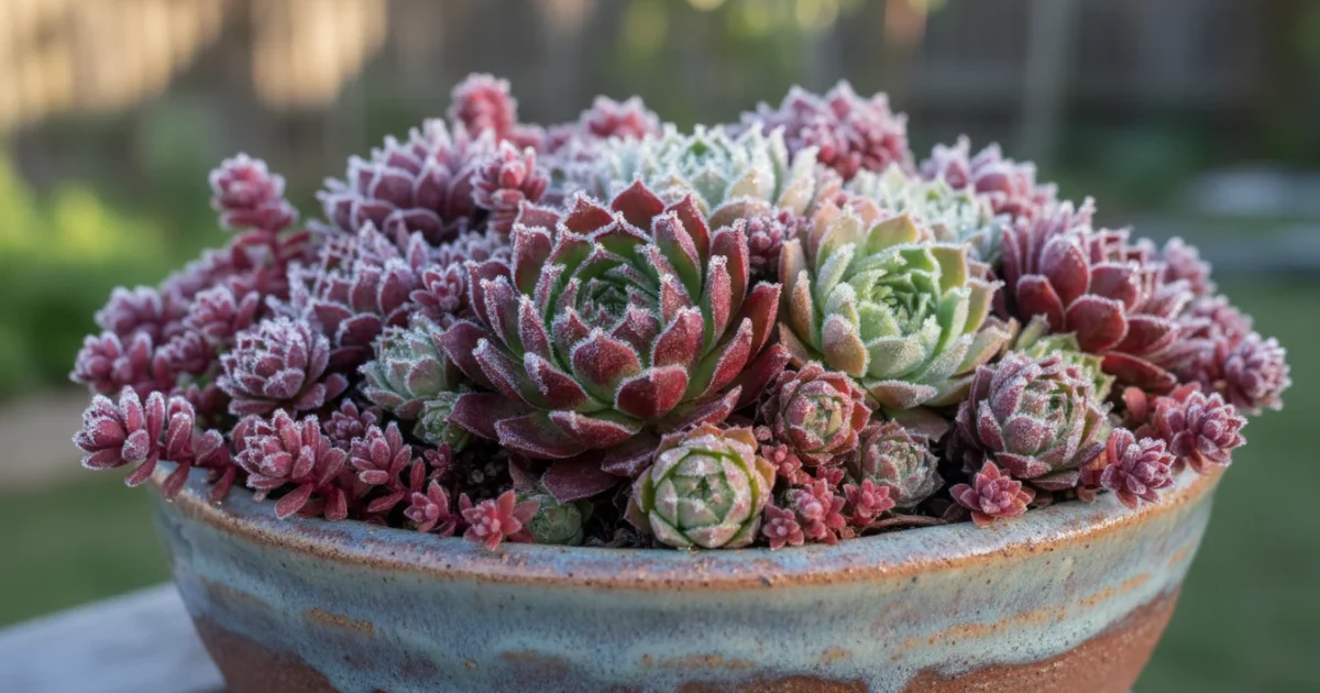 Close-up of a ceramic bowl filled with vibrant Sempervivums and Sedums showing a light morning frost on a patio table.