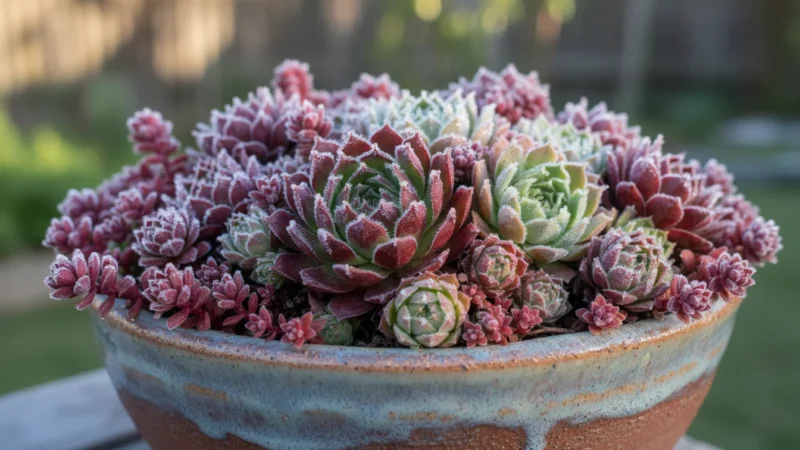 Close-up of a ceramic bowl filled with vibrant Sempervivums and Sedums showing a light morning frost on a patio table.