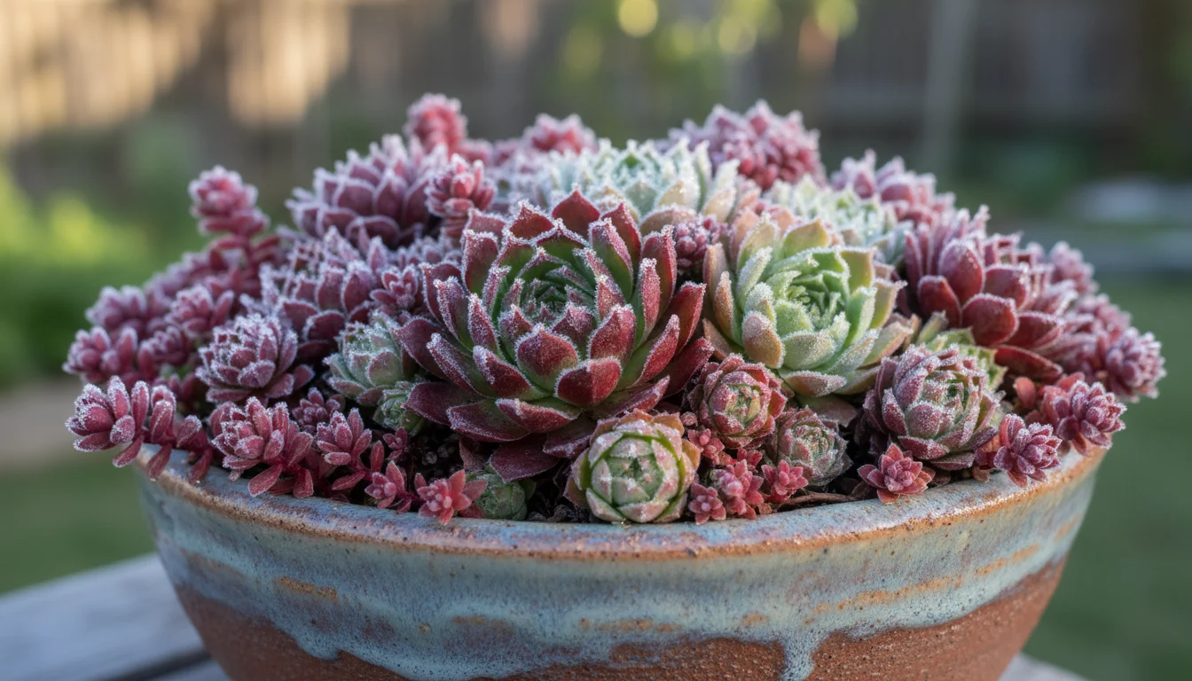 Close-up of a ceramic bowl filled with vibrant Sempervivums and Sedums showing a light morning frost on a patio table.