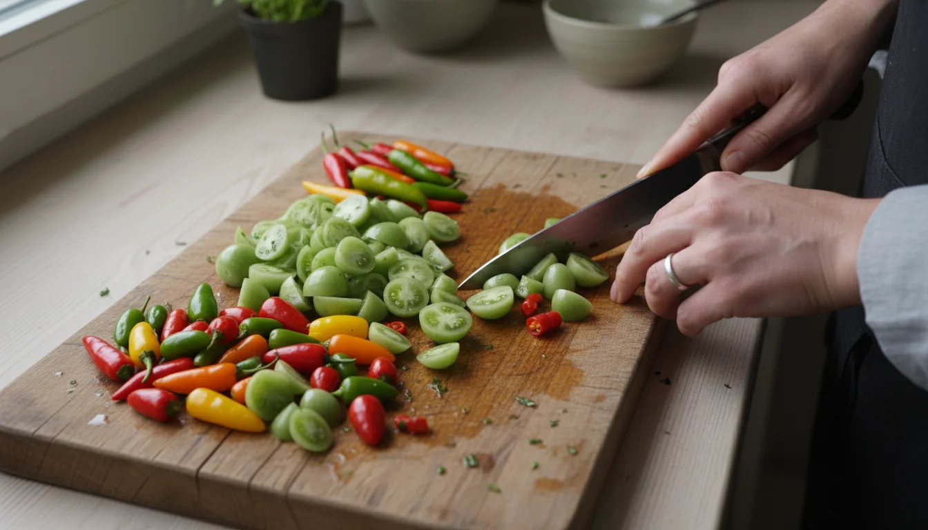 Overhead view of chopped green tomatoes and colorful chili peppers on a wooden cutting board, with a glass jar in the background.