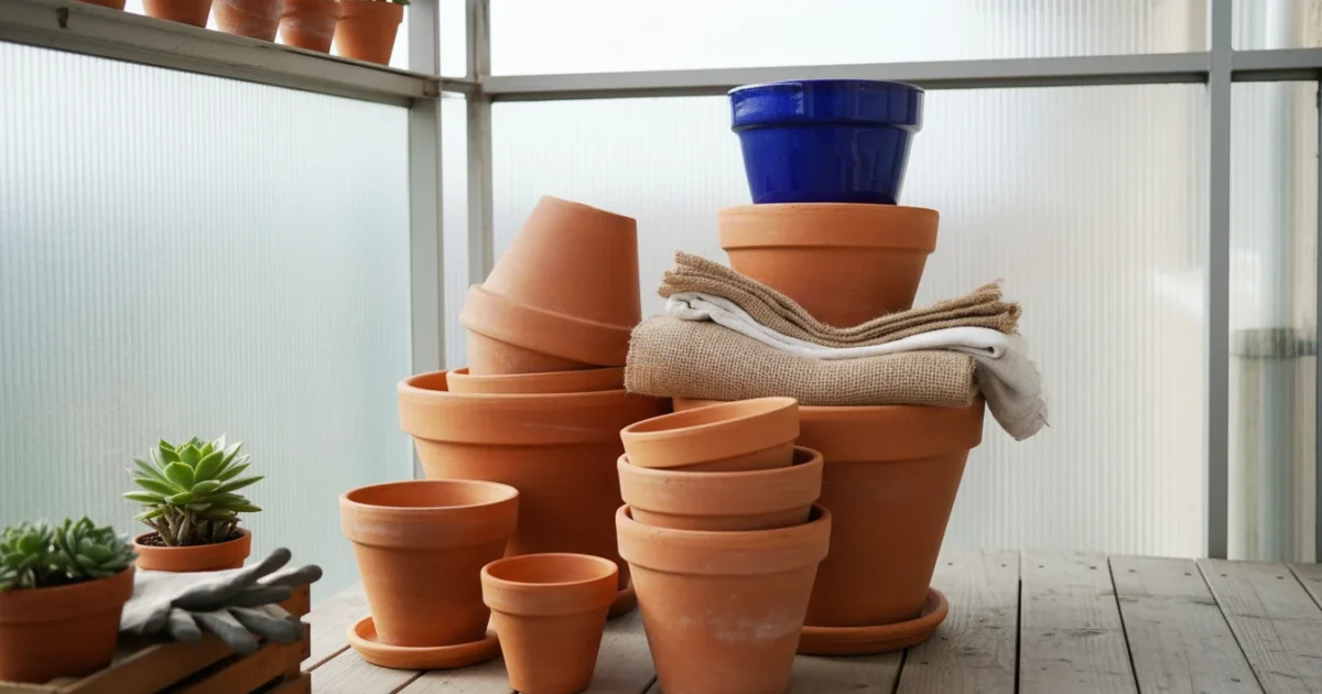 Clean terracotta and glazed ceramic pots are stacked and nested carefully on a balcony, with burlap and towels hinting at winter protection.