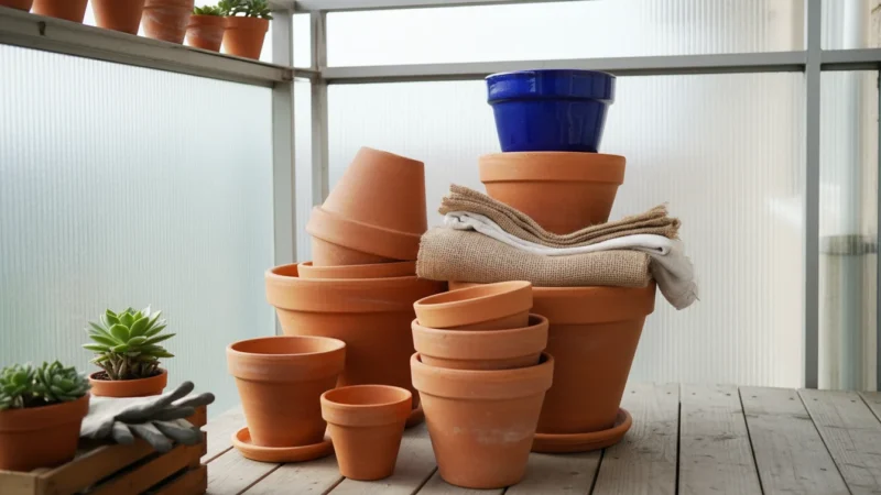 Clean terracotta and glazed ceramic pots are stacked and nested carefully on a balcony, with burlap and towels hinting at winter protection.