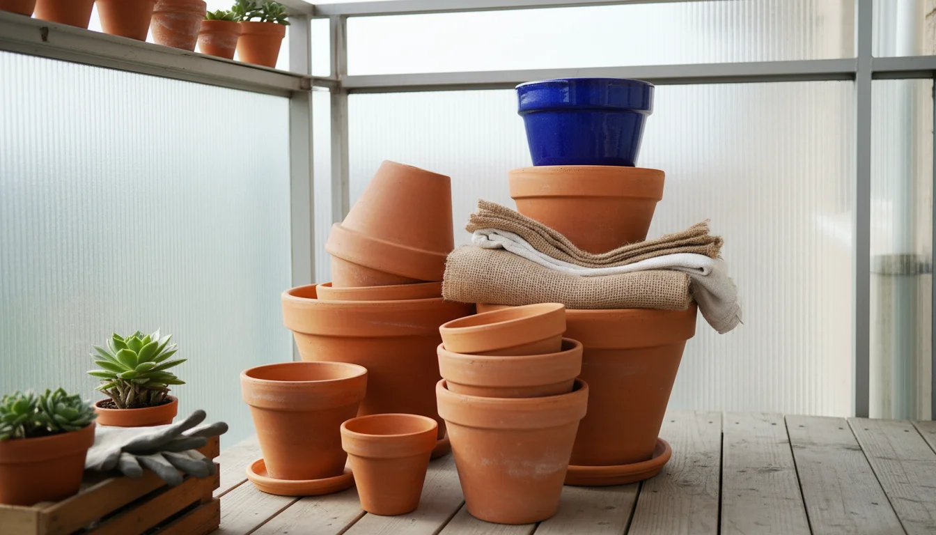 Clean terracotta and glazed ceramic pots are stacked and nested carefully on a balcony, with burlap and towels hinting at winter protection.