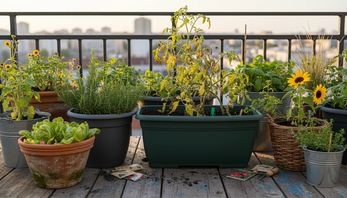 A cluster of garden containers on a balcony: a deep self-watering pot with a tomato, a shallow terracotta pot with lettuce, and a plastic herb pot.
