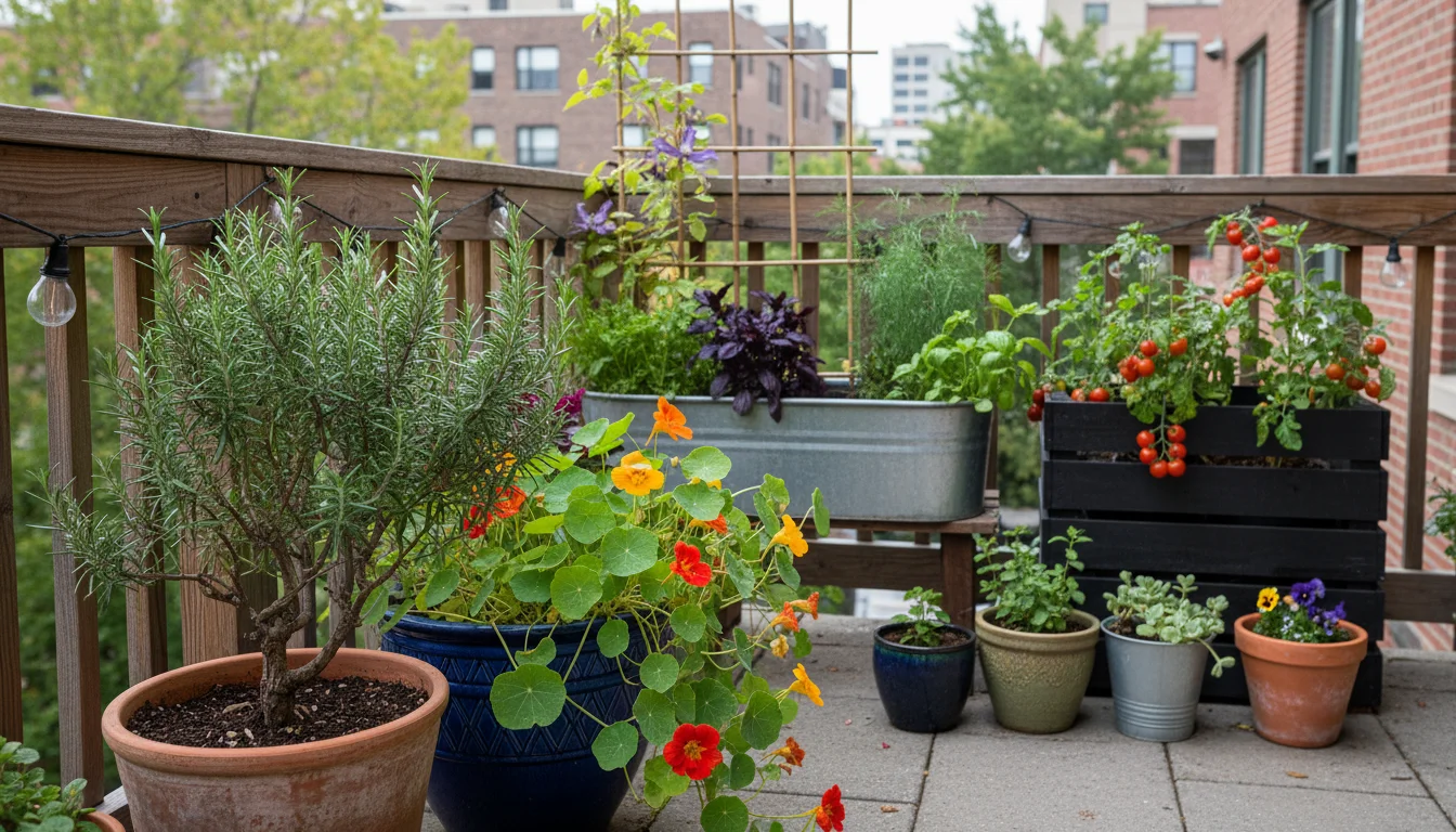 A collection of container plants on an urban patio, featuring a rosemary bush, blooming pansies, and an echeveria succulent.