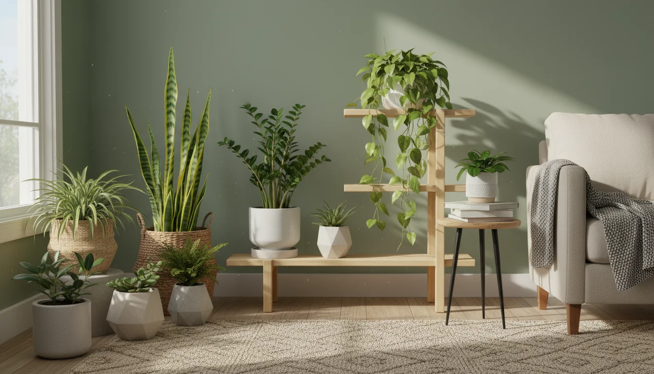 Collection of diverse houseplants including snake, ZZ, pothos, and spider plants, arranged on a shelf and table in a sunlit corner.