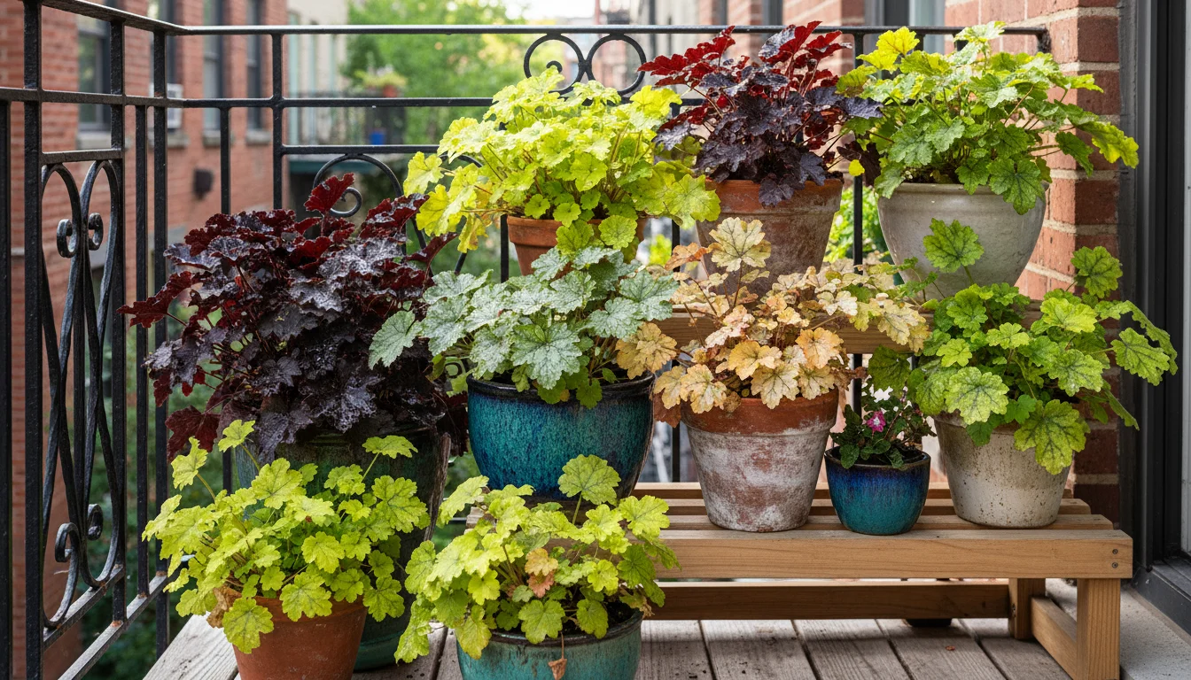 A collection of Heuchera plants in terracotta and ceramic pots on an urban balcony, featuring leaves in shades of burgundy, green, silver, and peach.