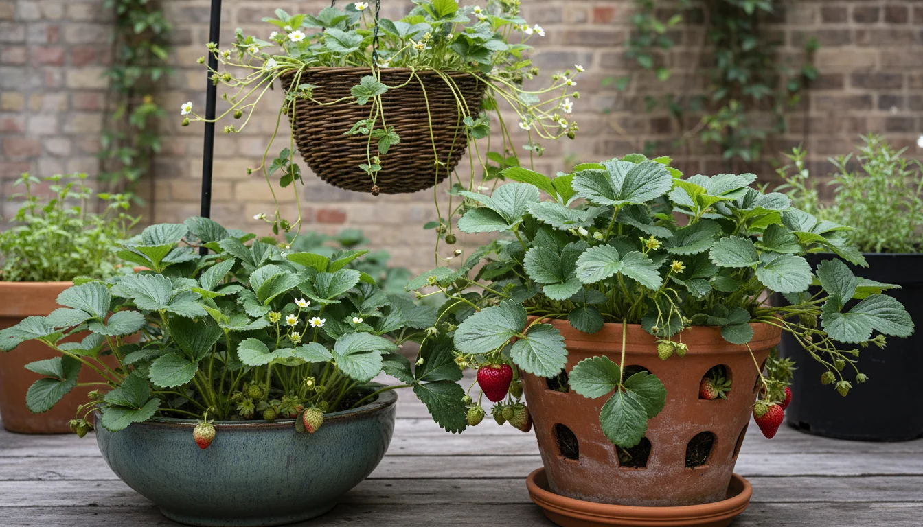A collection of strawberry plants in different containers on a small patio, including a terracotta pot, a wide ceramic planter, and a hanging basket.
