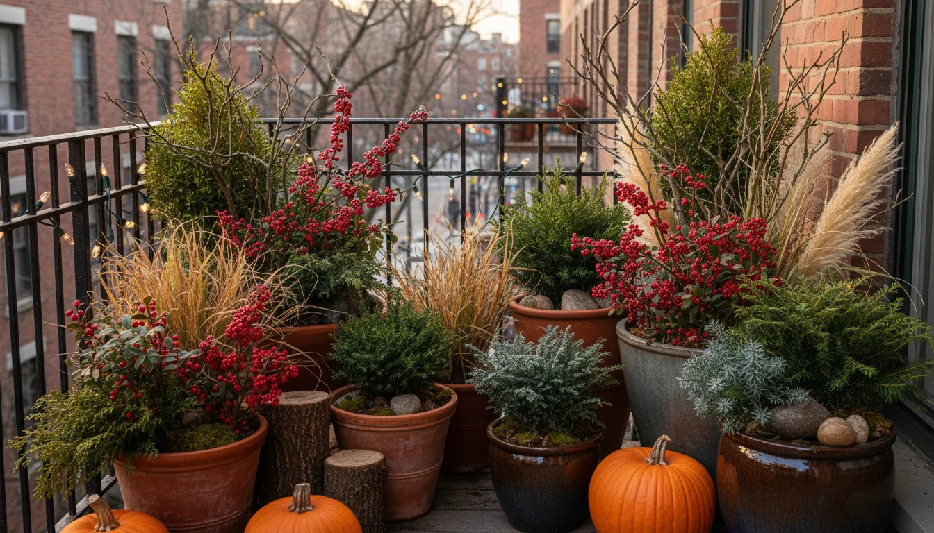 A collection of terracotta, metal, and ceramic pots on an urban balcony filled with dwarf evergreens, red berries, dried grasses, pinecones, and gourd