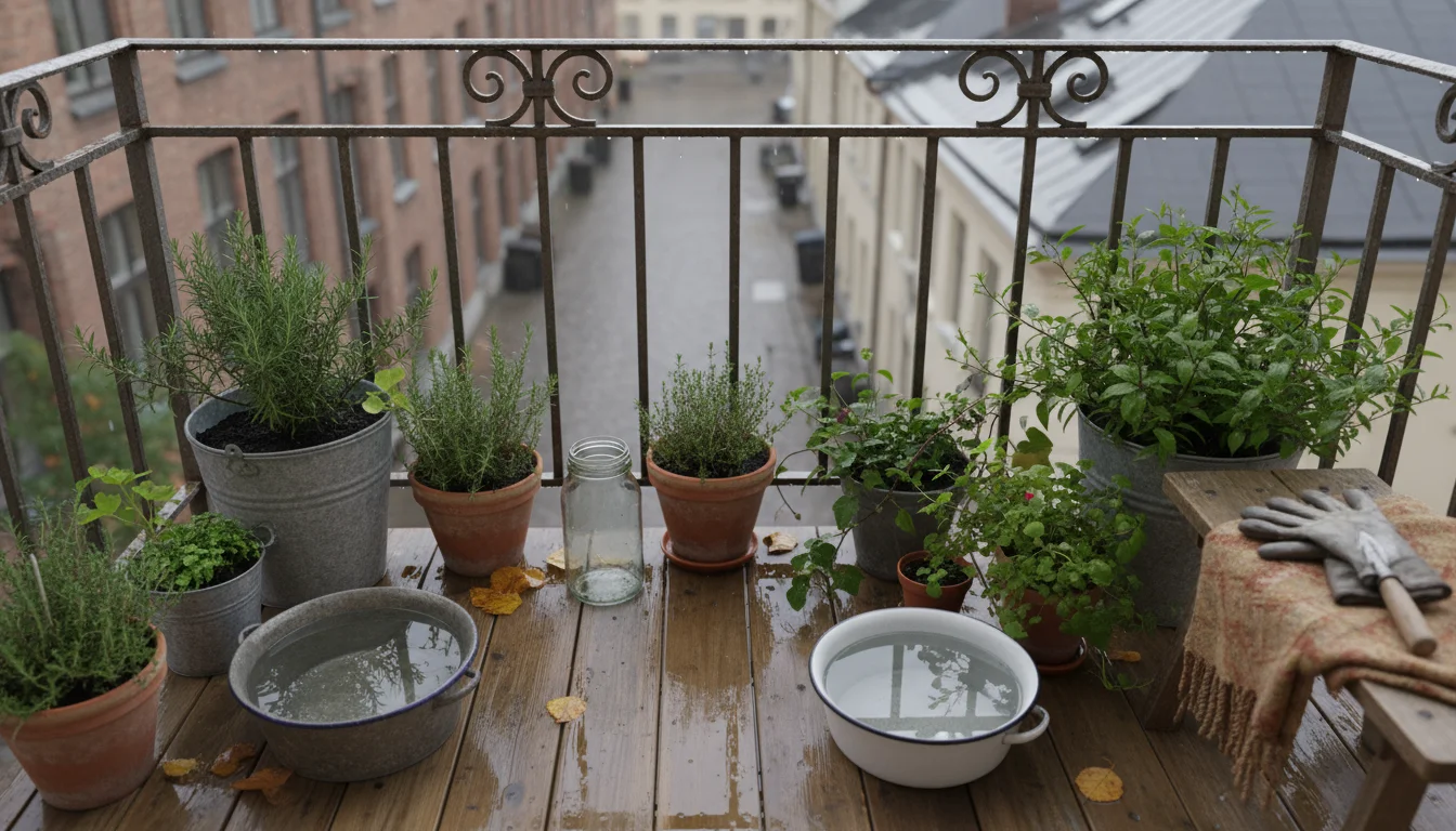 A collection of varied containers, including a metal bucket and terracotta pot, on a damp balcony, partially filled with rainwater after an autumn sho