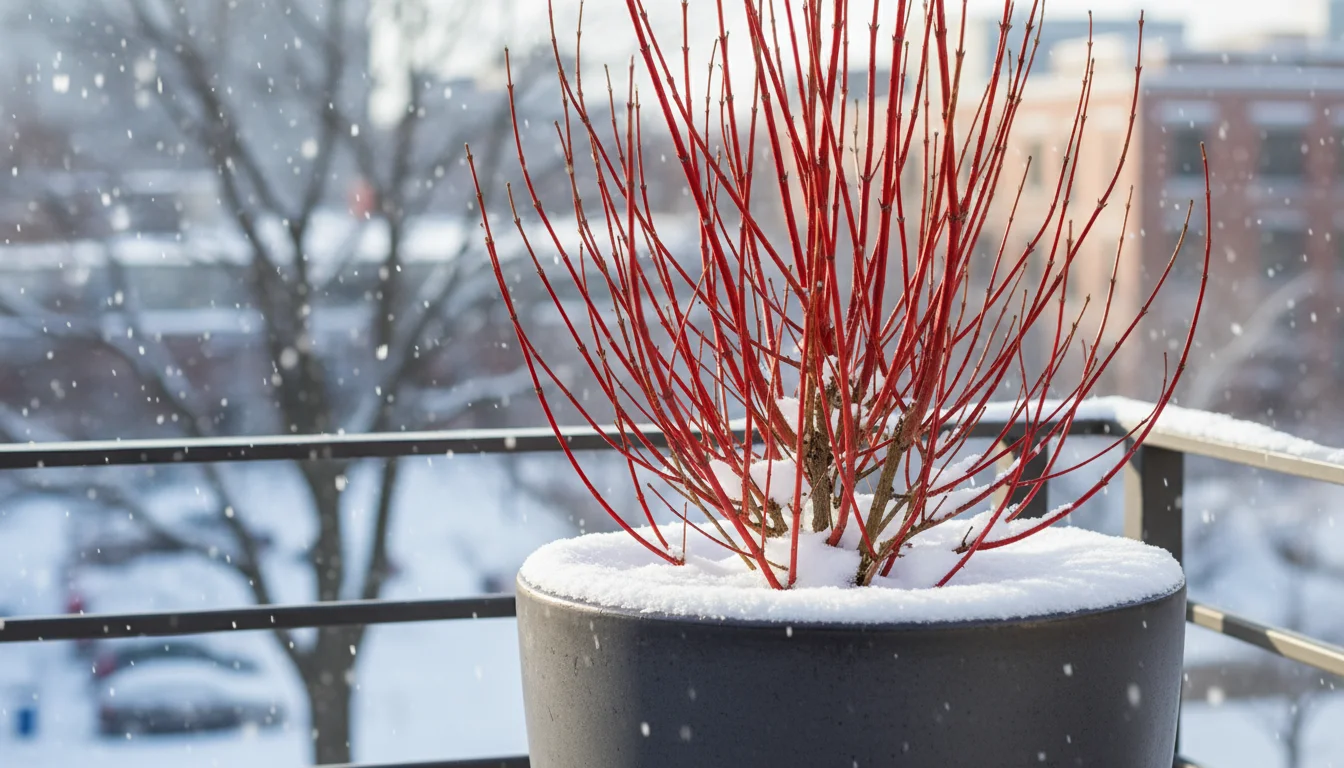 Compact 'Arctic Fire' Red Twig Dogwood in a dark grey pot on a snowy balcony, its vibrant crimson stems contrasting with winter white.