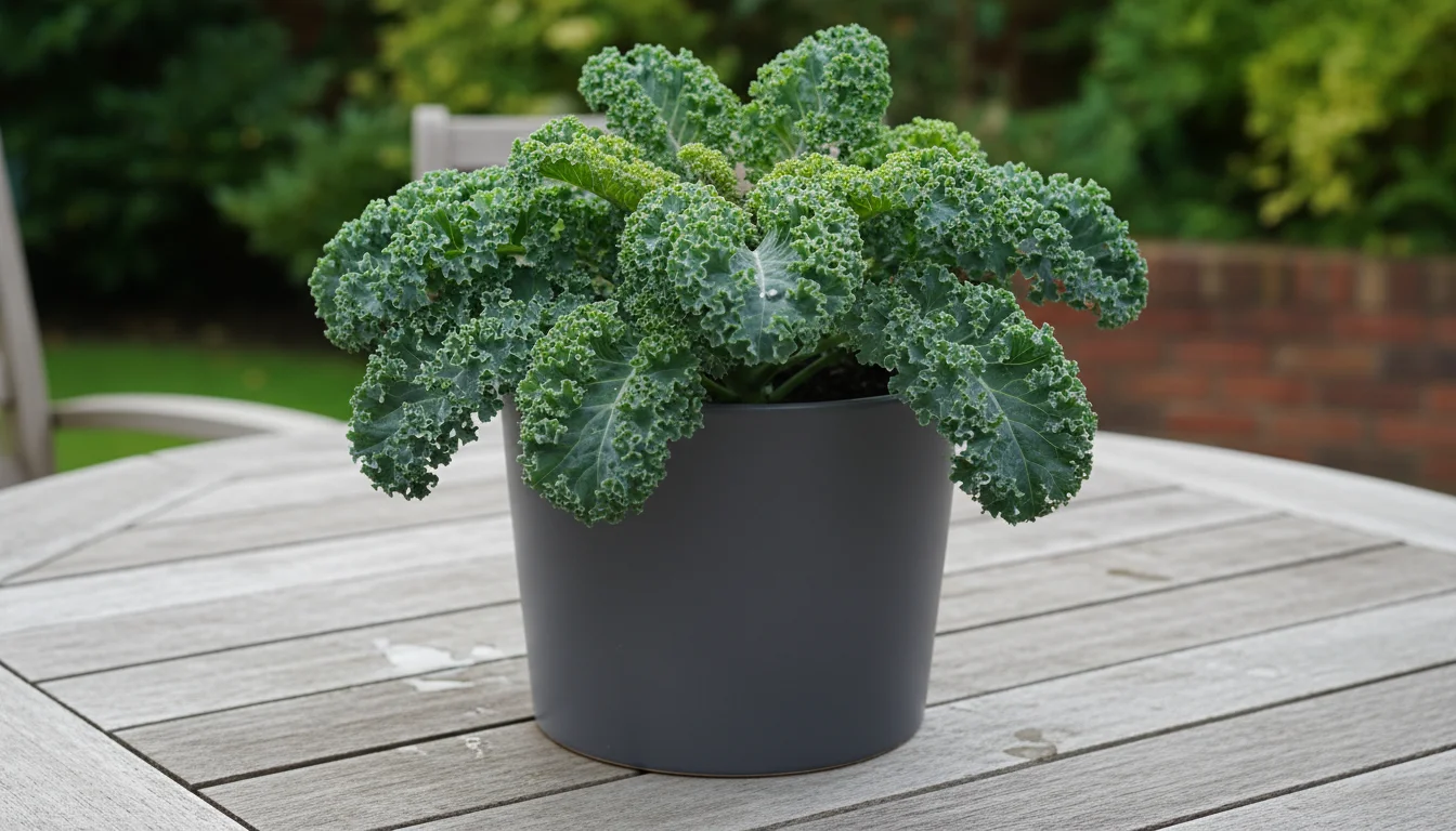 Compact 'Dwarf Blue Curled Scotch' kale in a dark gray pot, with purple pansies in a terracotta pot on a wooden patio table.