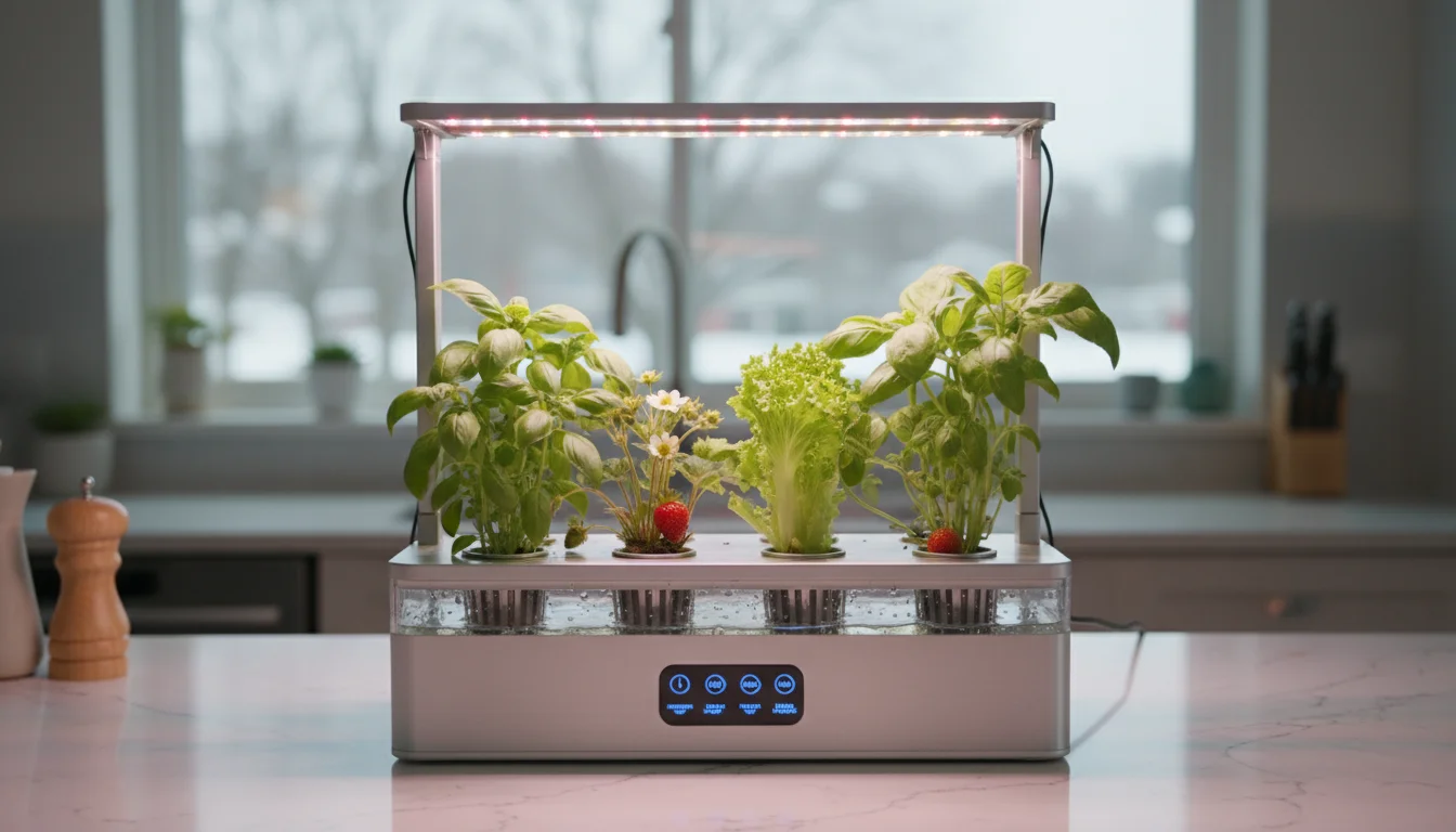 A compact hydroponic kit on a kitchen counter, with integrated LED lights illuminating thriving basil, lettuce, and strawberries.