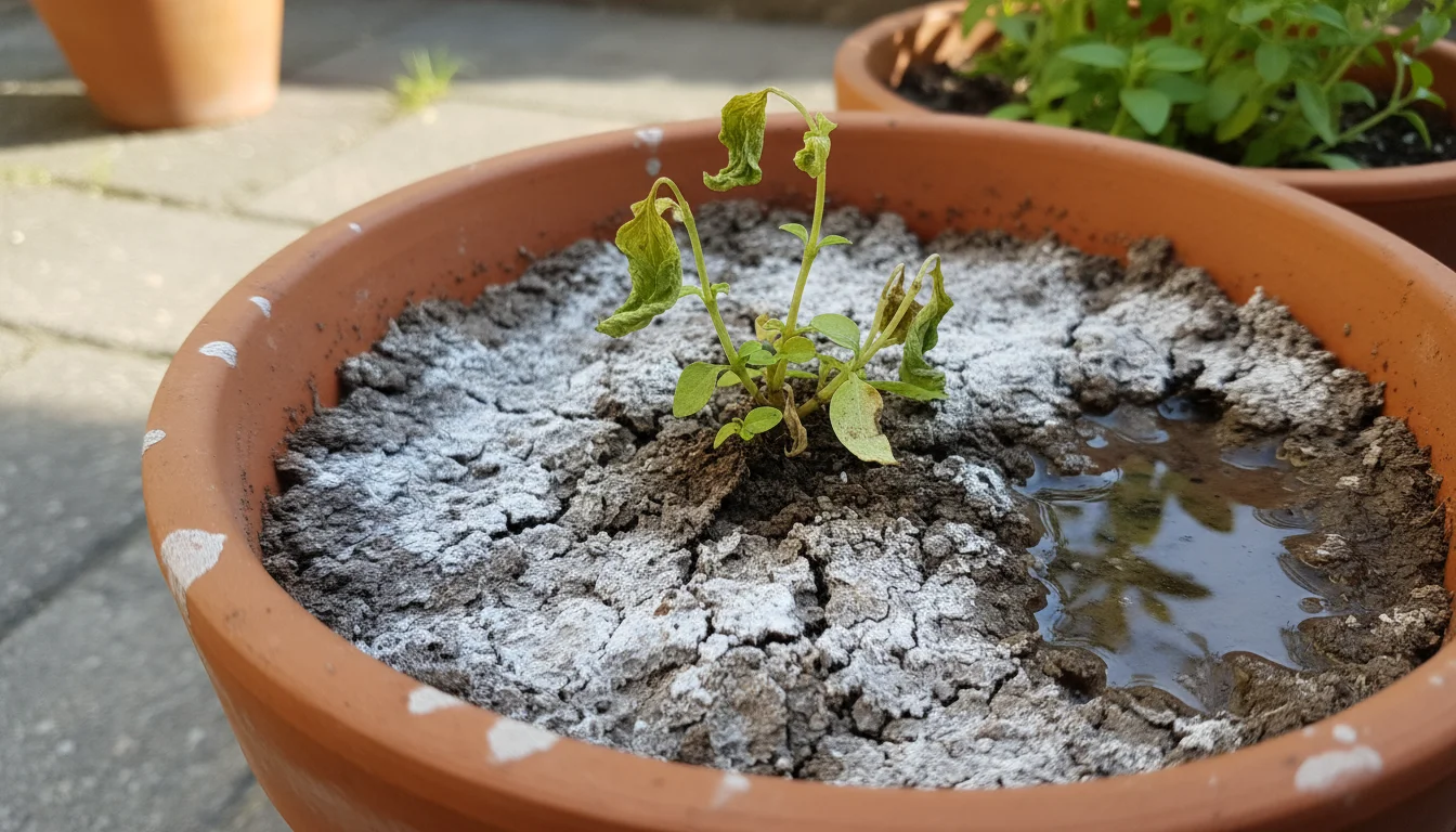Close-up of compacted potting mix in a terracotta pot, showing white mineral crusts and a small puddle of water on the soil surface.