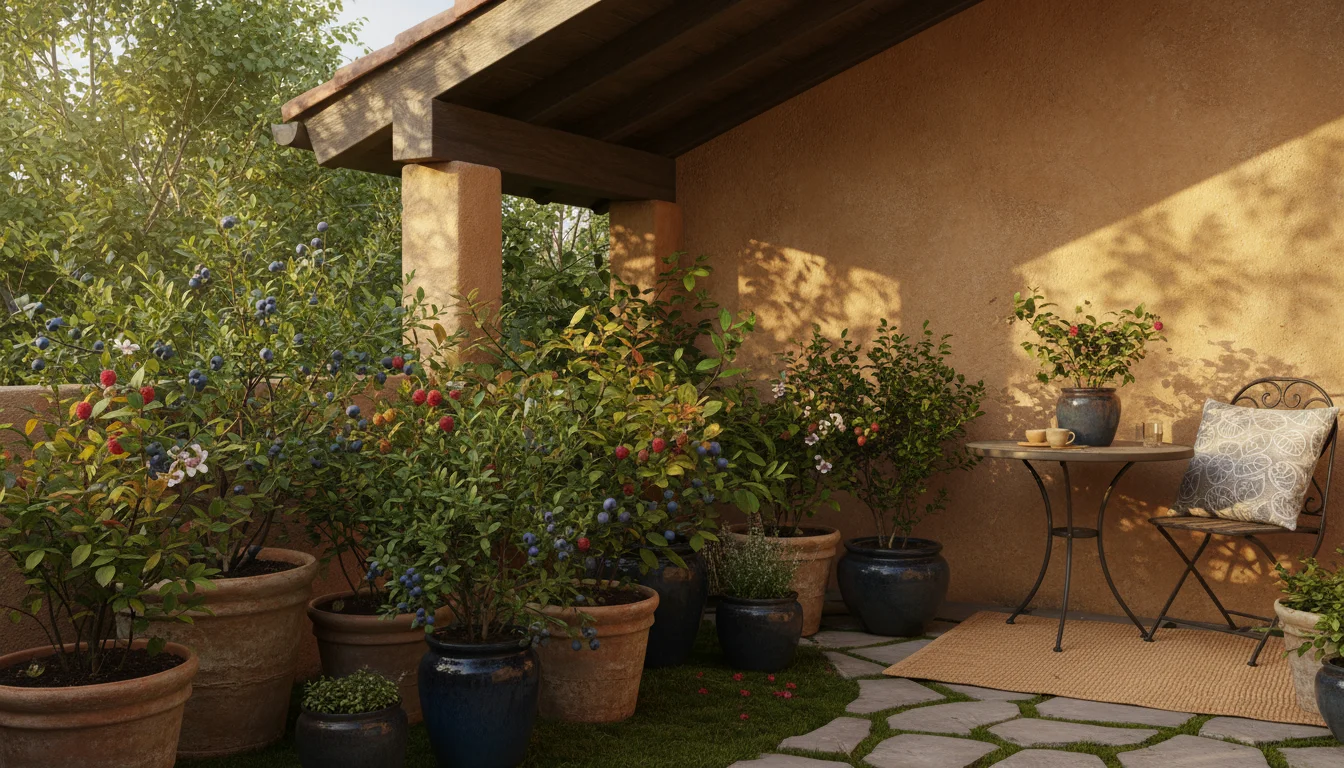 Container berry bushes are grouped tightly against a stucco wall under eaves on a sunny patio.