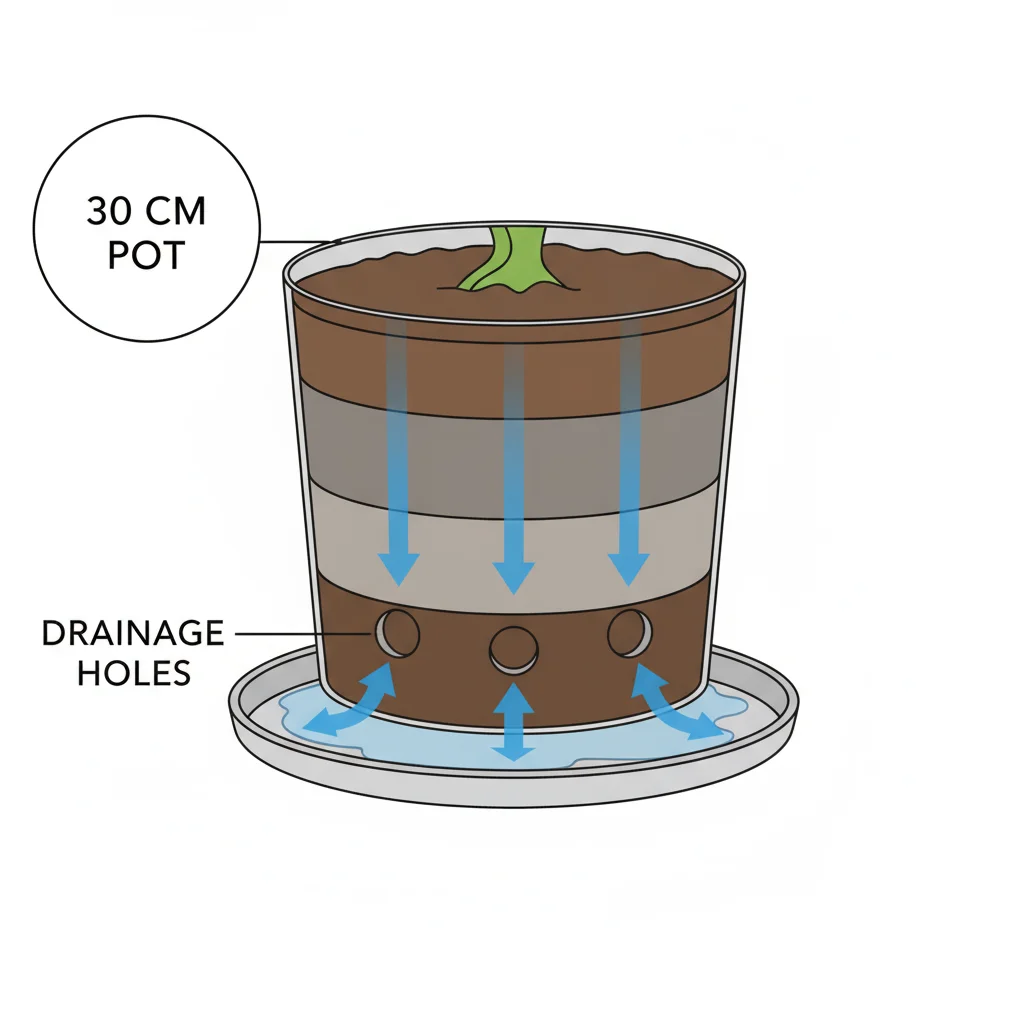 Container drainage diagram: water flow arrows, 30 cm pot, drainage holes, soil layers.