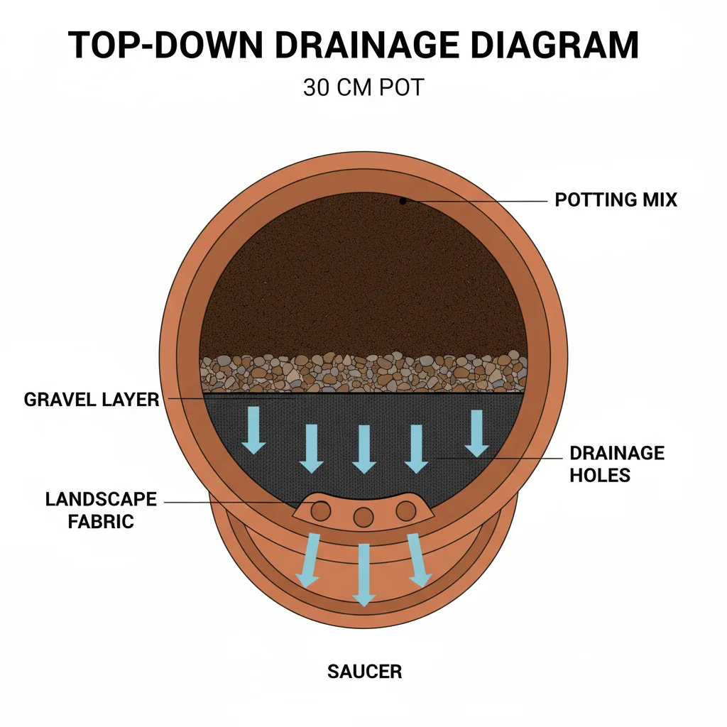 Container drainage diagram: Water flows through soil in 30cm pot, exiting drainage holes.