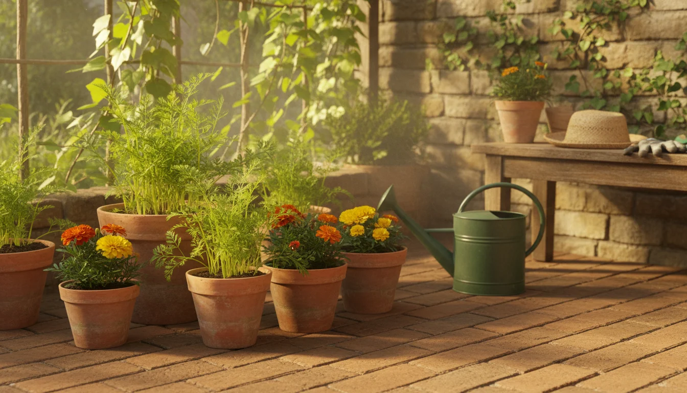 A cozy patio garden corner with grouped terracotta pots, green carrot plants, orange marigolds, a metal watering can, and a drip tray.