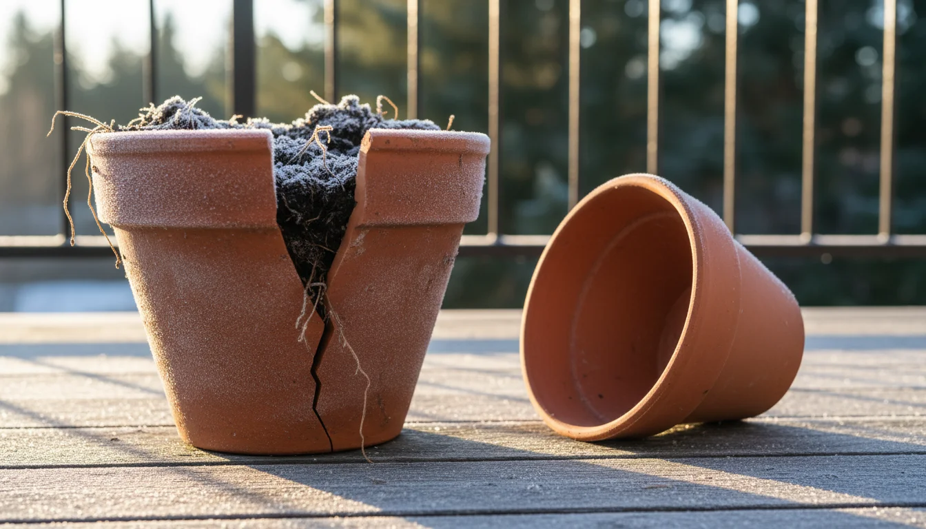 Cracked terracotta pot with frozen soil on a frosty balcony next to a clean, overturned pot.