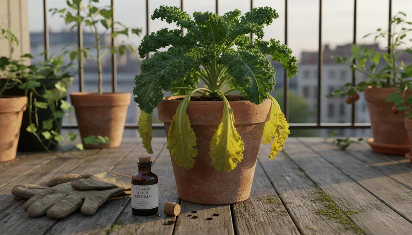 Curly kale plant in a terracotta pot with yellowed lower leaves on a wooden balcony floor, next to gardening gloves and fertilizer.