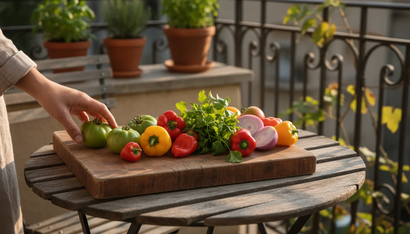 A cutting board on a balcony table holds green tomatoes, colorful peppers, cilantro, and red onion. A hand reaches for a tomato.