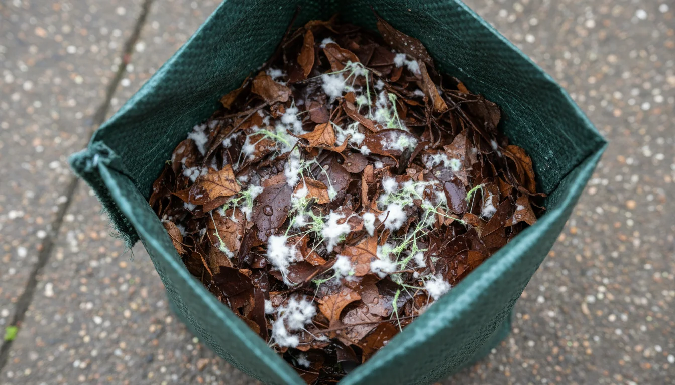 Extreme close-up of damp, decaying autumn leaves in a dark green leaf mold bag, showing fuzzy white and light green mold.