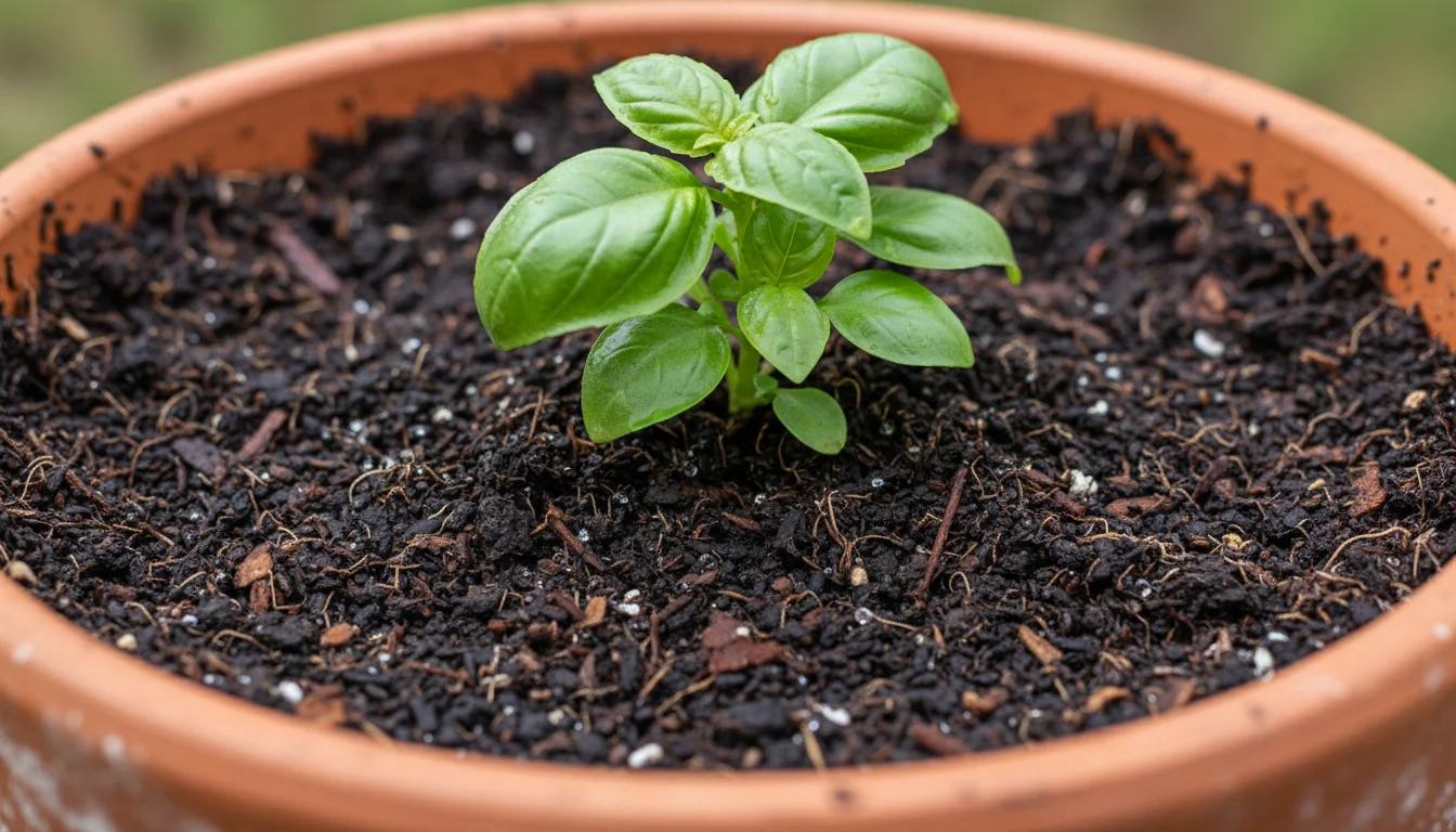Close-up of dark, crumbly soil with visible leaf mold in a terracotta pot, showing water droplets clinging to aerated particles, and a healthy herb pl